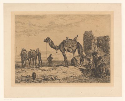 废墟上有骆驼的风景 德黑兰之夜 (Perse) 作者 Jules Joseph Augustin Laurens（艺术家签名）
