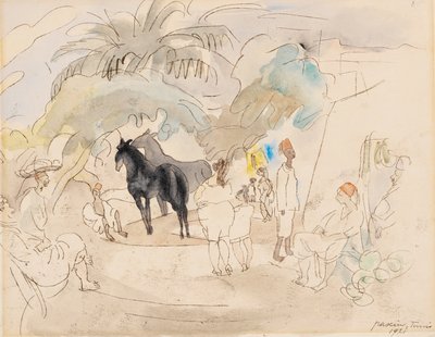 1921年的风景中的人物和两匹马（纸上的wc） 作者 朱尔斯·帕辛