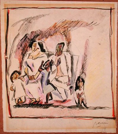 母亲、父亲和三个孩子（纸上水彩画） 作者 朱尔斯·帕辛