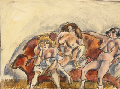 红色沙发上的三个女人（纸上的wc） 作者 Jules Pascin