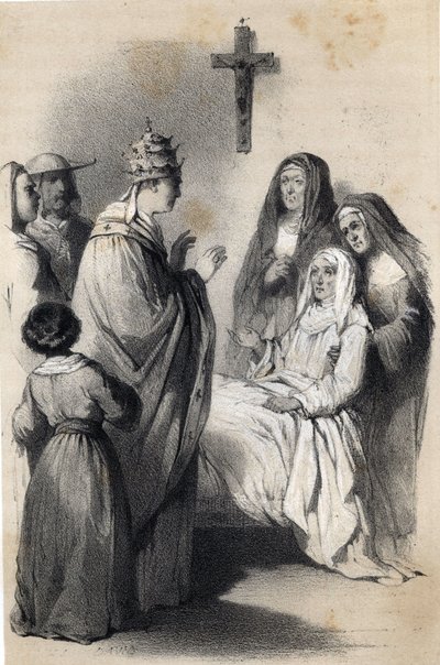 《欧洲杰出女性》中阿西西圣克莱尔（Chiara）（c.1192-1253）的代表，他是克莱尔宗教团体的创始人。 德罗霍乔斯卡伯爵夫人，娘家姓拉特雷什的西蒙。 朱尔斯·大卫和劳恩海姆的杰出绘画作品。 约1850年 作者 朱尔斯和劳恩海姆赫尔曼大卫