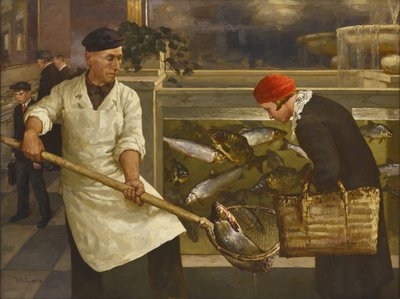 In a Fish Shop par Klever, Juli Julievich, the Younger (1882-1942)。布面油画，尺寸：130x176 作者 Juli Julievich the Younger Klever