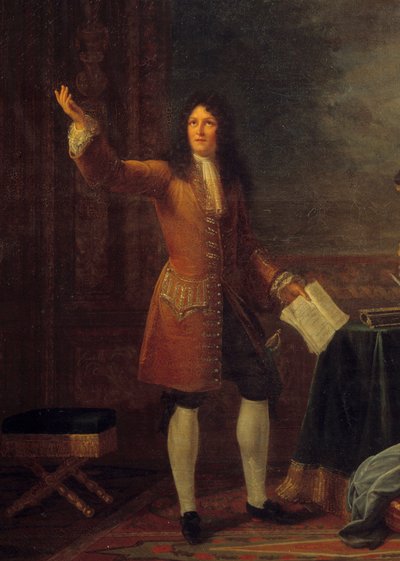 让·拉辛（Jean Racine，1639-1699）在法国国王面前朗读他的戏剧。 画作“让·拉辛（Jean Racine，1639-1699）在路易十四（1638-1715）和弗朗索瓦·奥比涅，曼特农侯爵夫人（Madame de Maintenon，1635-1719）面前阅读“阿塔莉”的细节”。 J 的绘画 作者 Julie Philipault