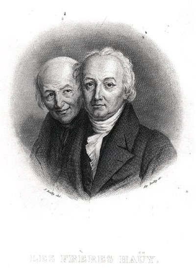 豪伊兄弟。勒内-朱斯特（1743-1822）和瓦伦丁-豪伊（1745-1822），由阿尔方斯-博伊（1801-67）刻制（雕刻）（黑白照片）。 作者 朱利安·利奥波德（之后）博伊（Boilly）