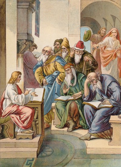 耶稣与圣殿中的长老（彩色石版印刷） 作者 Julius (after) Schnorr von Carolsfeld