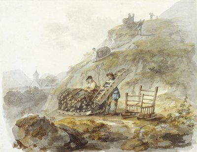 从 Mallwyd 附近的山上获取泥炭的方法，约 1792 年（纸上水彩、墨水和铅笔） 作者 朱利叶斯·凯撒·伊贝森
