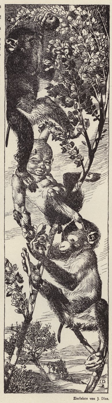 猴子在树上摘果子（石版画） 作者 朱利叶斯·迪兹
