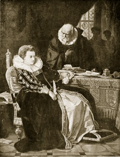 伊丽莎白签署了玛丽的死亡令，来自“哈钦森的英国民族故事”，c.1923 作者 朱利叶斯·弗里德里希·安东·施拉德