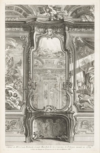 波兰王储比伦斯基伯爵大元帅的内阁于1734年处决；带玻璃的Chiminée，每侧都有部分支撑镶板和绘画，第一板 作者 JusteAurèleMeissonnier