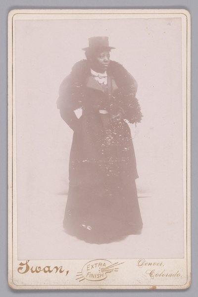 一个戴着高帽和毛皮围巾的身份不明的女人的内阁卡，约1895年。 作者 Justus C. Swan