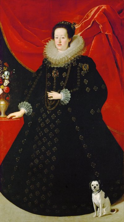 Eleonore de Gonzague (ou de Mantoue) - Eleonora Gonzaga (1598-1655)的肖像，身着黑色礼服，由Sustermans, Justus (Giusto) (1597-1681)绘制。布面油画，约1624年。尺寸：207x108厘米。艺术史博物馆，维埃纳 作者 Justus Sustermans
