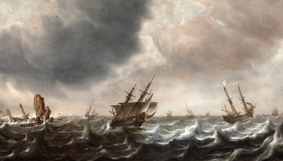 在波涛汹涌的大海中航行，前景是鲸鱼 作者 贾斯图斯·德维尔