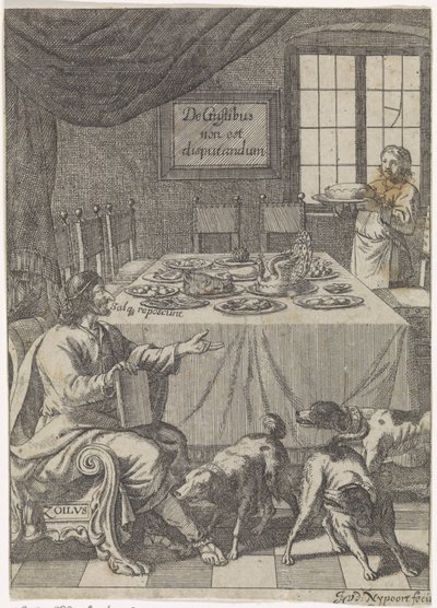 Zoilus 坐在铺好的桌子旁
De Gustibus non est disputandum（关于物品的标题） 作者 贾斯图斯·范登尼普尔特