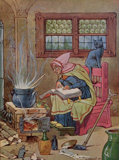 女巫》，故事书插图，约 1910-20 年（彩色雕刻） 作者 K. Savely Dezso