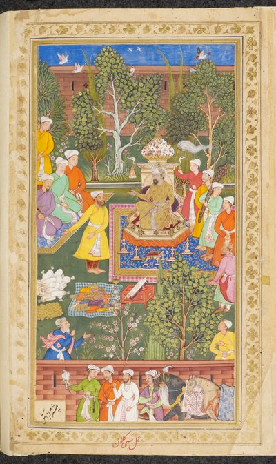 或3714 卷 4 fol.491v 乌兹别克、印度教和克孜尔巴什的使节参加的盛宴，他们给巴布尔带来了礼物和金钱，出自《Vaki