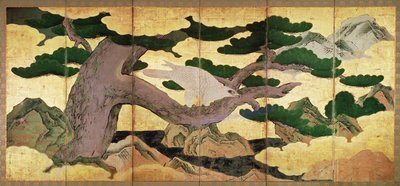 松树中的老鹰，6面板折叠屏幕（笔和墨水，颜色，面板上的金色）（见216562） 作者 鹿野英德