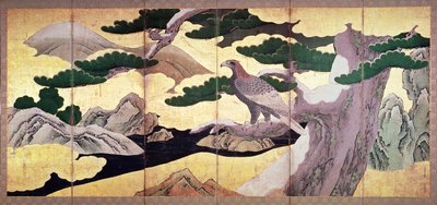 松树中的老鹰，6面板折叠屏幕（笔和墨水，颜色，面板上的金色）（见216561） 作者 鹿野英德