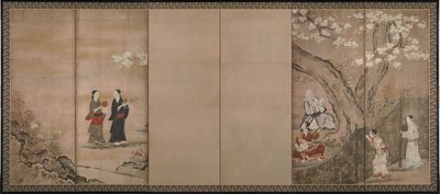 箭竹花下的欢乐。一对六段式折叠屏风的右侧，18世纪 作者 鹿野伊势宁长信