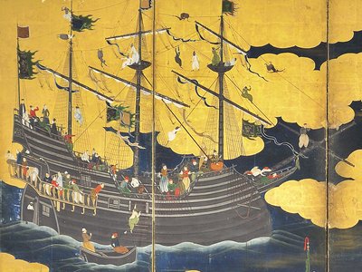南部野蛮人贸易的细节，一对六块屏风，十七世纪初 作者 卡诺·奈森