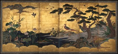 鸟与花，16 世纪晚期（纸张上的墨水、色彩、金箔和金斑） 作者 Kano Shoei (attr.to)