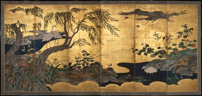 鸟与花，16 世纪晚期（纸张上的墨水、色彩、金箔和金斑） 作者 Kano Shoei (attr.to)