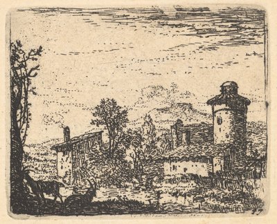 风景画，左前方阴影中的两只角羊，下方的村庄建筑......，约1641-78。 作者 卡雷尔·杜·贾丁（Karel Du Jardin）