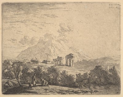 1658年，山坡上的景色与废墟以外的渡槽和山崖，在前景中。 作者 卡雷尔·杜·贾丁（Karel Du Jardin）