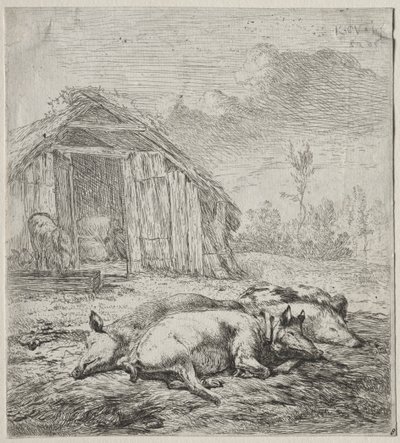 三头猪躺在栅栏前 作者 卡雷尔·杜哈丁（Karel Dujardin）