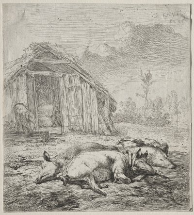 说谎在猪圈前面的三头猪。 作者 卡雷尔·杜哈丁（Karel Dujardin）