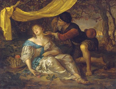 牧羊人跪在一位女士睡在树荫下树木繁茂的景观 作者 Karel de Moor