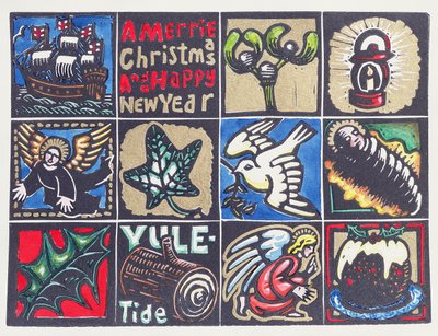 圣诞贺卡，1999年（linocut和wc在纸上） 作者 凯伦·凯特（Karen Cater）