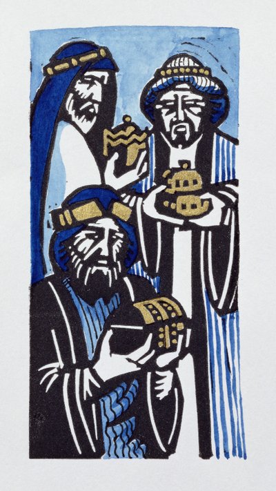 三王，1998年（linocut和wc在纸上） 作者 凯伦·凯特（Karen Cater）