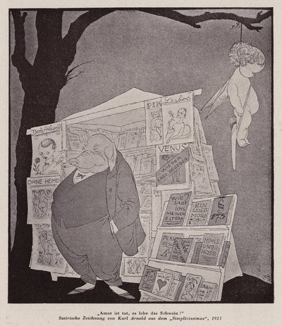 悬挂在街头色情售货亭上方树上的丘比特（石版画） 作者 卡尔·阿诺德