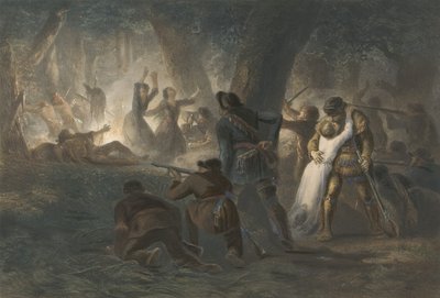 拯救Daniel Boone和Richard Callaway的女儿，酒吧。 1852年（彩色雕刻） 作者 Karl Bodmer