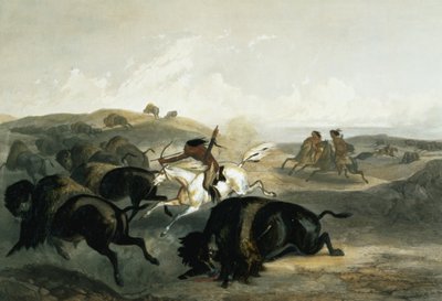 印第安人狩猎北美野牛，在“北美内陆旅行”第2卷中获得第31名，由Carl Vogel（1816-51）1844年刻（aquatint） 作者 Karl Bodmer
