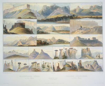 密苏里州上部的卓越山丘，由F. Salathe雕刻，于1839年出版（aquatint） 作者 卡尔·博德默