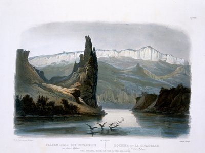 位于上密苏里州的Citadel Rock，位于“北美内陆旅行”第1卷的第18块，由Carl Vogel（1816-51）1843年刻（aquatint） 作者 卡尔·博德默