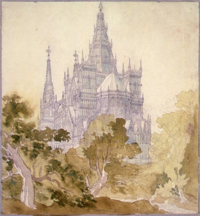 有哥特式教堂的林间风景（铅笔、墨水和水彩） 作者 卡尔·弗里德里希·辛克尔