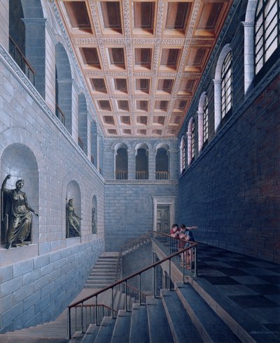 楼梯的内部视图，一个城堡的设计在Koestritz，1802-03（笔和墨水和bc在纸上） 作者 卡尔·弗里德里希·辛克尔