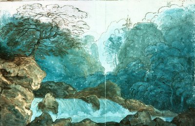 在木材中的瀑布，设置为Undine的生产设计，（纸上的wc） 作者 Karl Friedrich Schinkel