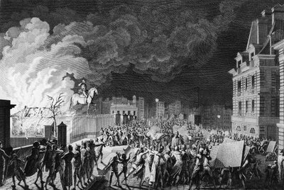 法国大革命的第一次：1788 年 8 月 29 日在巴黎新桥发生的卫队火灾。Girardet 绘图和雕刻。 巴黎，革命史研究所图书馆 作者 卡尔·吉拉德（Karl Girardet）