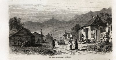 路易港的克里奥尔营地，由 Karl Girardet（1813-1871 年）绘制，以说明阿尔弗雷德·韦尔尼 1861 年在毛里求斯的逗留。雕刻在“世界之旅”中，由爱德华·查顿编辑 作者 卡尔·吉拉德（Karl Girardet）