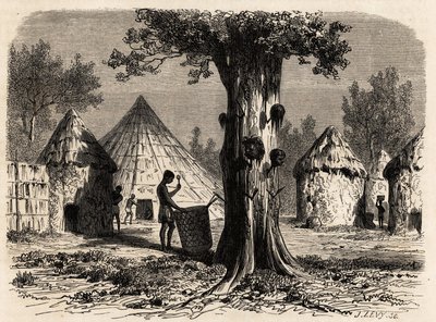 战争之树，位于苏丹 Bahr-el-Gazal 地区 Djour 的一个村庄，由 Karl Girardet（1813-1871 年）绘制，用于说明 1856-1857 年 A. Bolognesi 瞪羚的河流之旅。 雕刻在“Le tour du monde”，Edouard Charton 编辑 作者 卡尔·吉拉德（Karl Girardet）