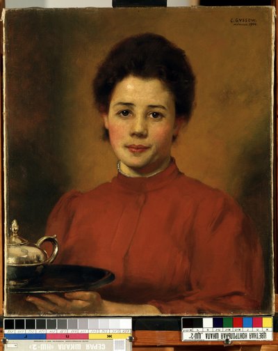 "红衣女子" 端着银茶盘的女子肖像 卡尔（卡尔）-古索夫（1843-1907 年）的画作 1904 年 立陶宛考纳斯 Mikalojus Konstantinas Ciurlionis 美术博物馆 作者 卡尔·古索