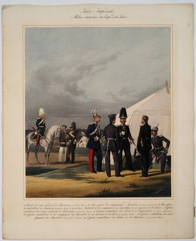帝国卫队：先驱（工兵）、伤兵和宪兵 - 帝国卫队的先驱、伤兵和宪兵 - Piratsky, Karlovich (1813-1889) - 1867 - 彩色石版画 - 56x45 - 私人收藏 作者 卡尔·卡洛维奇·皮拉茨基