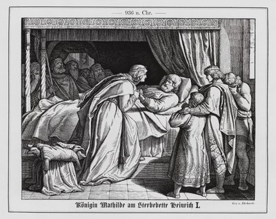 东法兰西国王亨利一世病榻旁的玛蒂尔达王后，936 年（雕刻） 作者 卡尔·路德维希·阿道夫·埃哈特