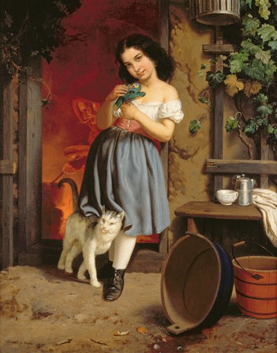 一只年轻的女孩与一只猫，1866年在画布上的油 作者 卡尔·纳尔