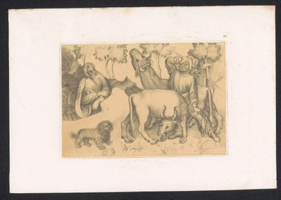 Paulus van Thebe bekijkt man met twee ossen
十五世纪荷兰绘画大师的素描和研究作品。根据保存在柏林皇家图书馆的原作绘制（系列名称） 作者 普鲁伊斯韦滕沙彭学院