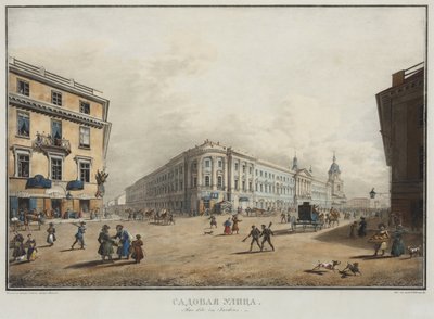 圣彼得堡的萨多瓦亚街风景--卡尔-彼得罗维奇-贝格罗夫（1799-1875）。石版画，水彩画 作者 卡尔·帕夫洛维奇·贝格罗夫