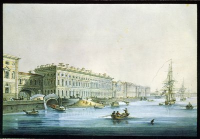 圣彼得堡宫殿堤岸景观。卡尔-彼得洛维奇-别格罗夫（1799-1875 年）的作品。纸面水彩和墨水，约 1830 年，19 世纪俄罗斯艺术，古典主义。俄罗斯国家博物馆，圣彼得堡 作者 卡尔·帕夫洛维奇·贝格罗夫